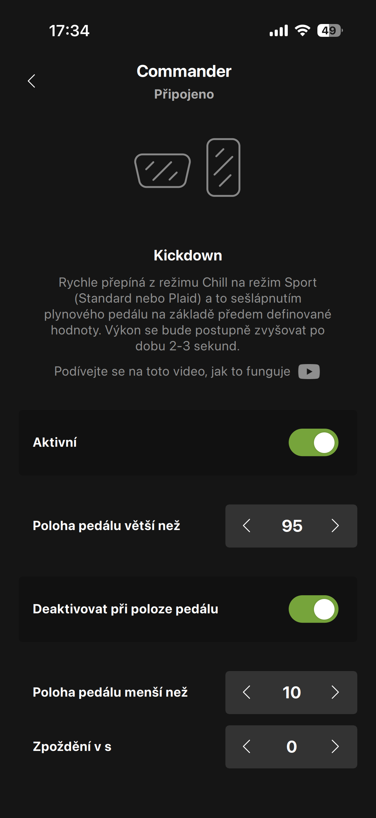 Commander — Kickdown funkce, přepínání Chill/Sport při sešlápnutí plynu