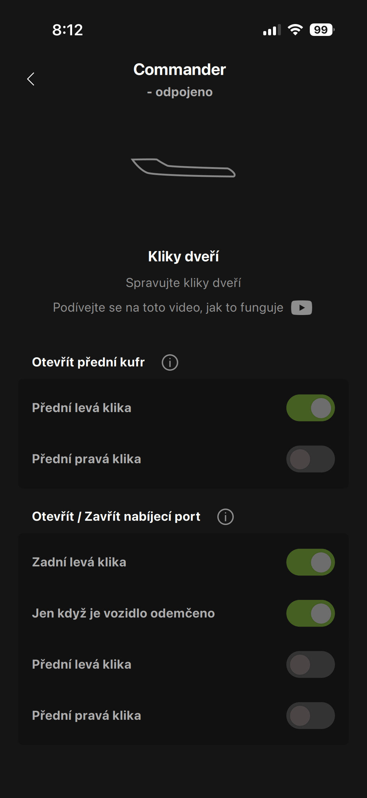 Commander — přemapování kliků dveří (frunk, nabíjecí port)