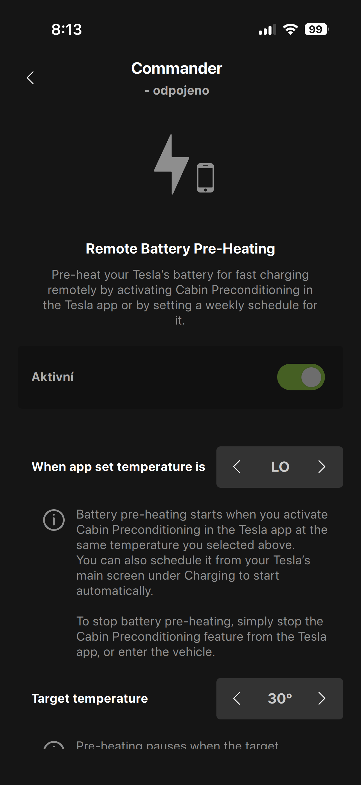 Commander — předehřev baterie (Remote Battery Pre-Heating)