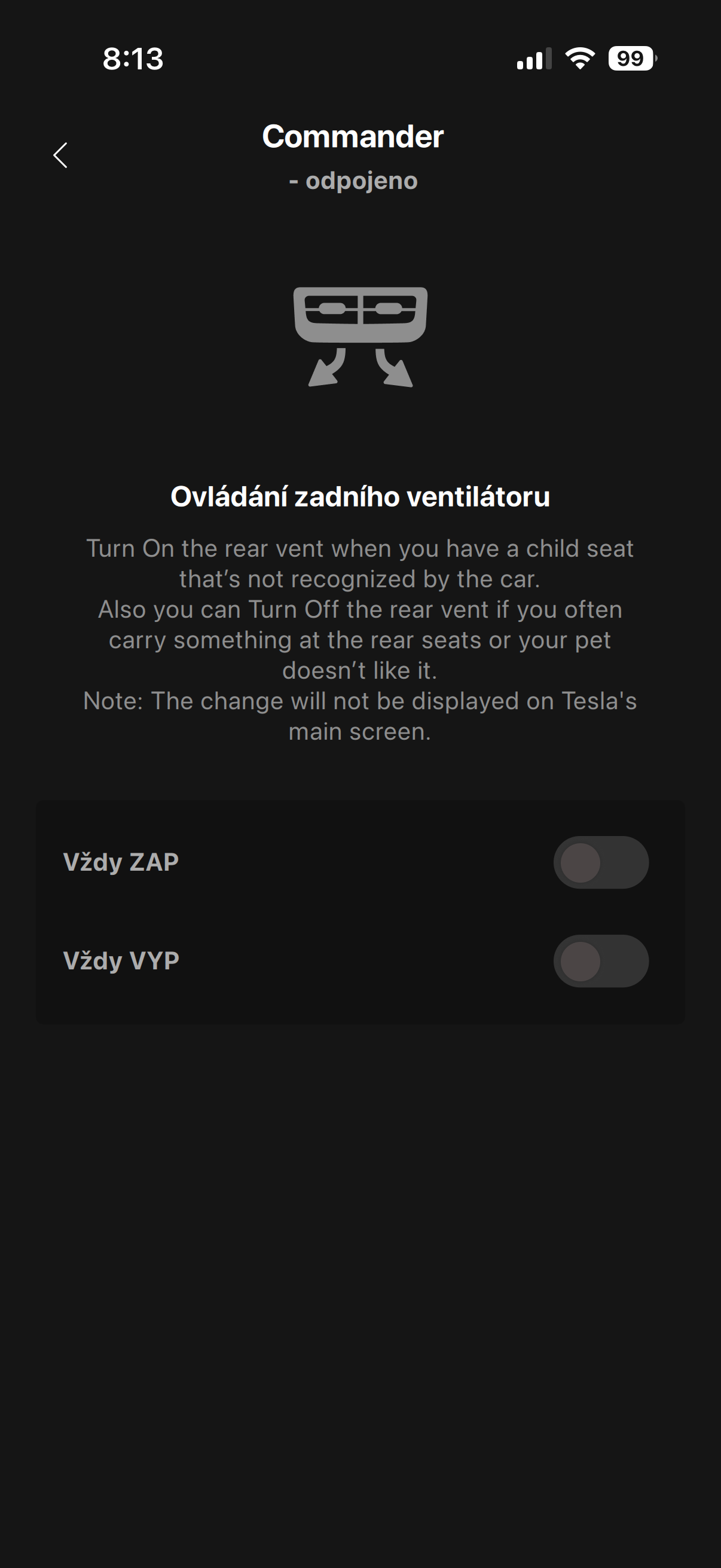 Commander — ovládání zadního ventilátoru
